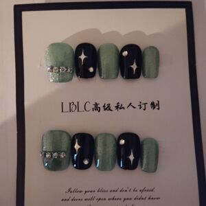 Green and Black Nail Set with Rhinestones